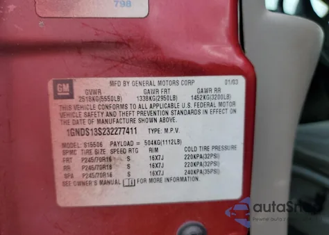 2003 Chevrolet Trailblazer from USA, damaged, VIN 1GNDS13S232277411